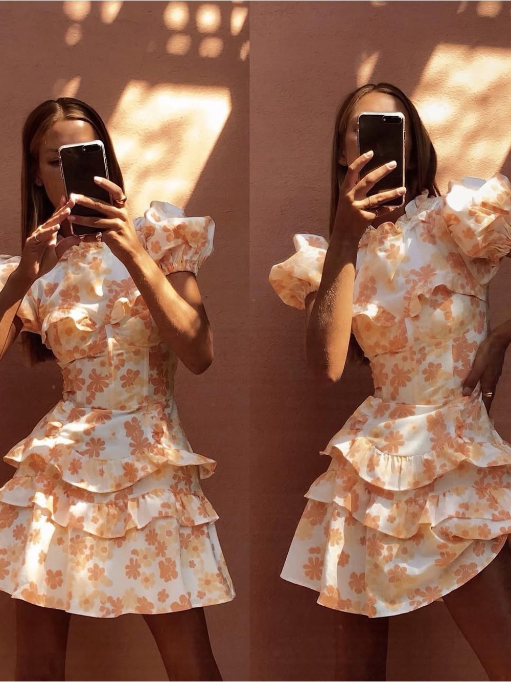 Sabo Skirt Peach and Cream Floral Puff-Sleeve Ruffle Dress
